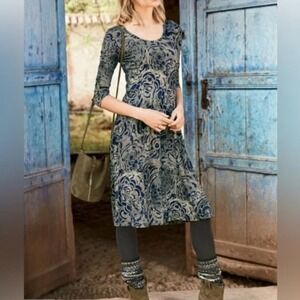 Peruvian Connection Amelia Dress XL Navy Gray Paisley Scrollwork Midi 3/4 Sleeve